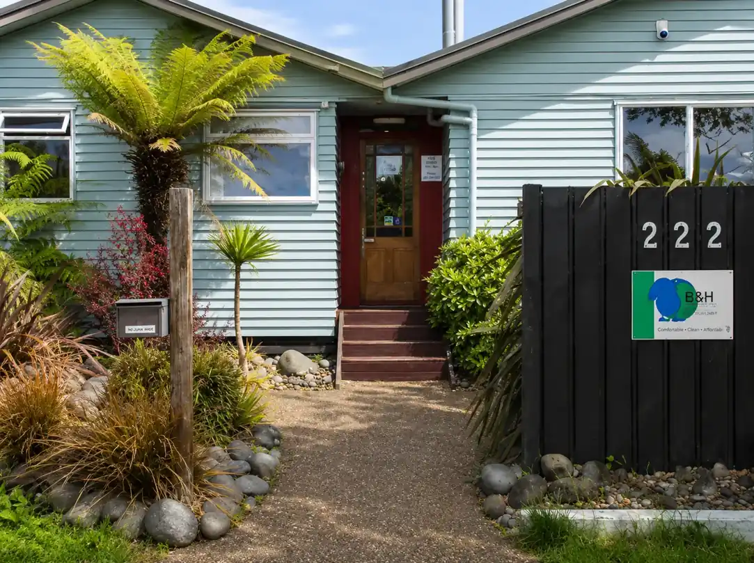 Front entrance of Riverstone Lodge at 222 Te Rangitautahanga Road, Tūrangi